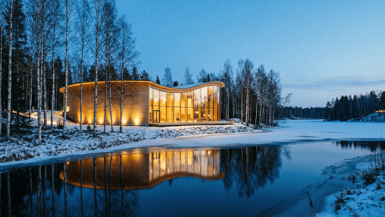 Nordvik architectuur in het blauwe uur